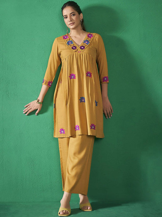 Mustard Yellow V-Neck Embroidered Liva Top With Trousers