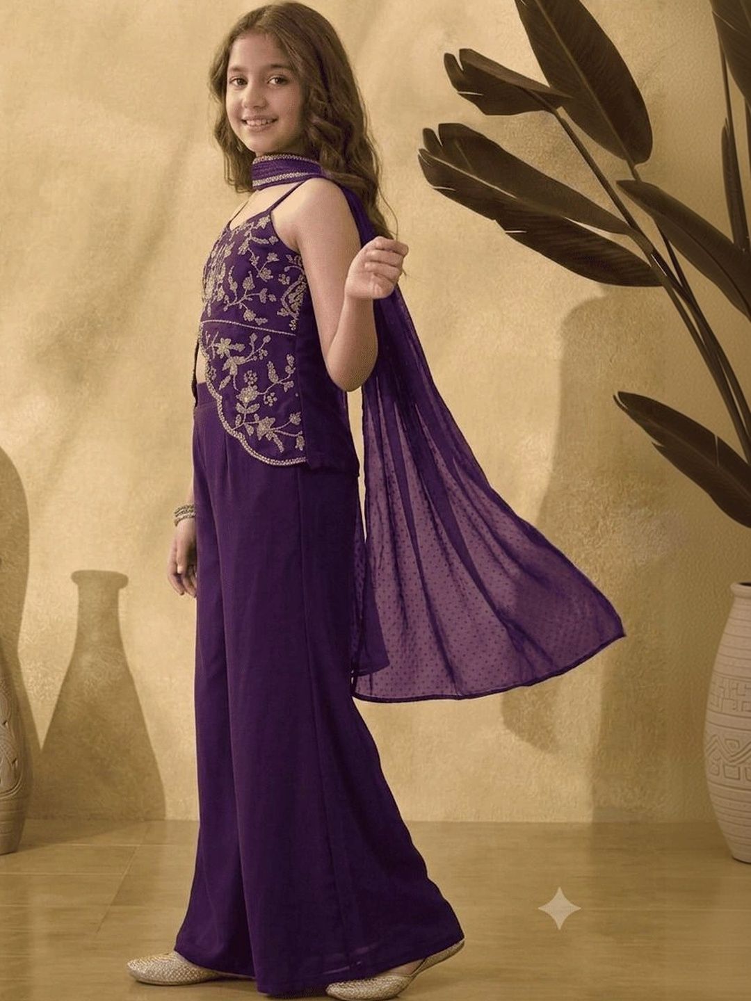 Girls Ethnic Motifs Embroidered Regular Thread Work Silk Georgette Top with Palazzos & With Dupatta