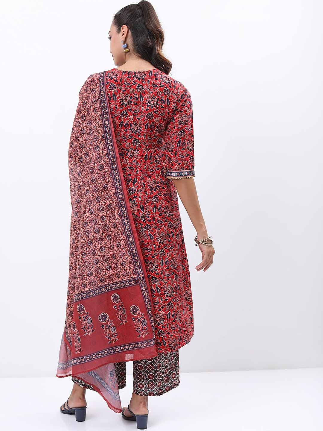 Red & Blue Floral Printed Angrakha Kurta With Palazzos & Dupatta