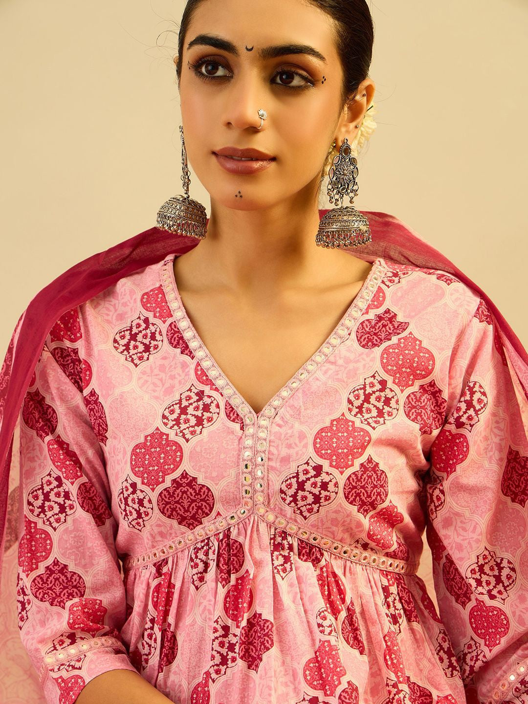 Printed Mirror Work Pure Cotton Kurta With Trousers & Dupatta