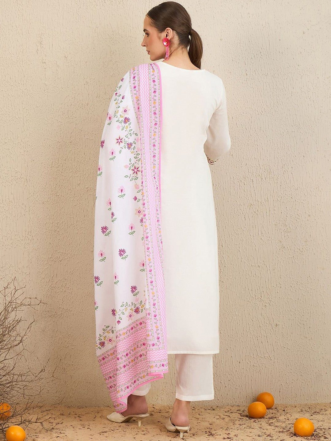 Floral Embroidered Thread Work Pure Cotton Straight Kurta With Trousers & Dupatta