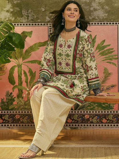 Women Red Floral Printed & Embroidered Cotton A-Line Kurti With Farshi Salwar