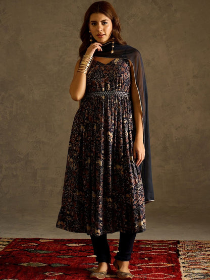 Floral Printed Shoulder Straps Empire A-Line Kurta With Trousers & Dupatta