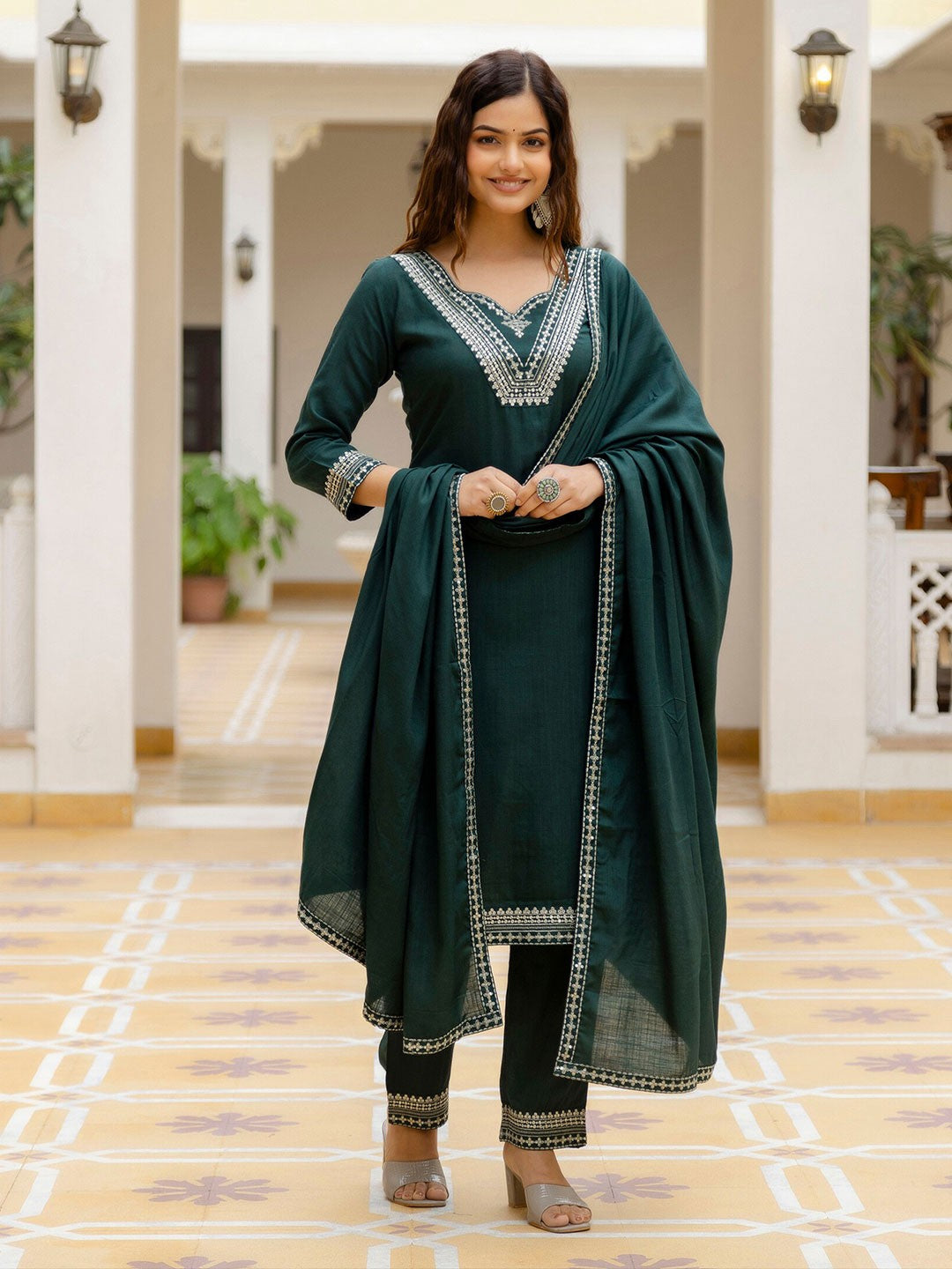 Floral Embroidered Straight Kurta With Trousers & Dupatta