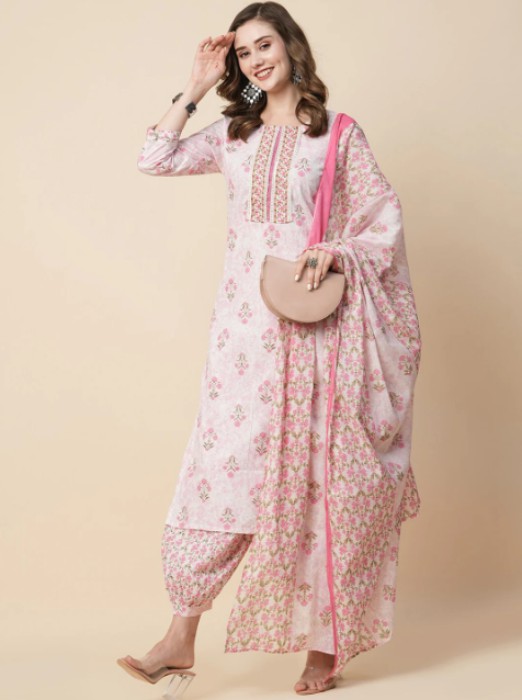 Floral Printed Thread Work Pure Cotton Kurta with Trousers