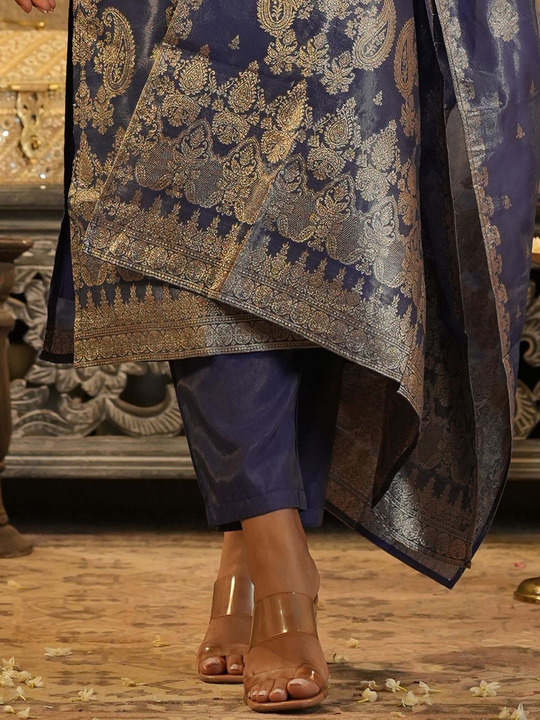 Floral Woven Design V-Neck Liva Zari Straight Kurta & Trousers With Dupatta