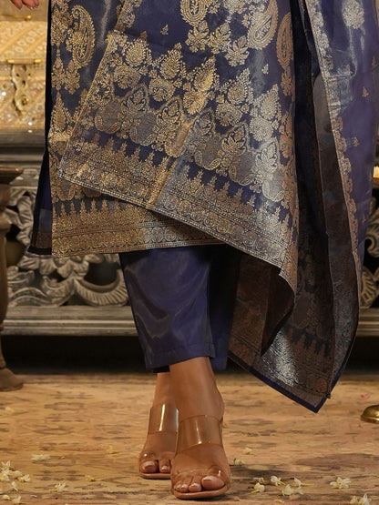 Floral Woven Design V-Neck Liva Zari Straight Kurta & Trousers With Dupatta