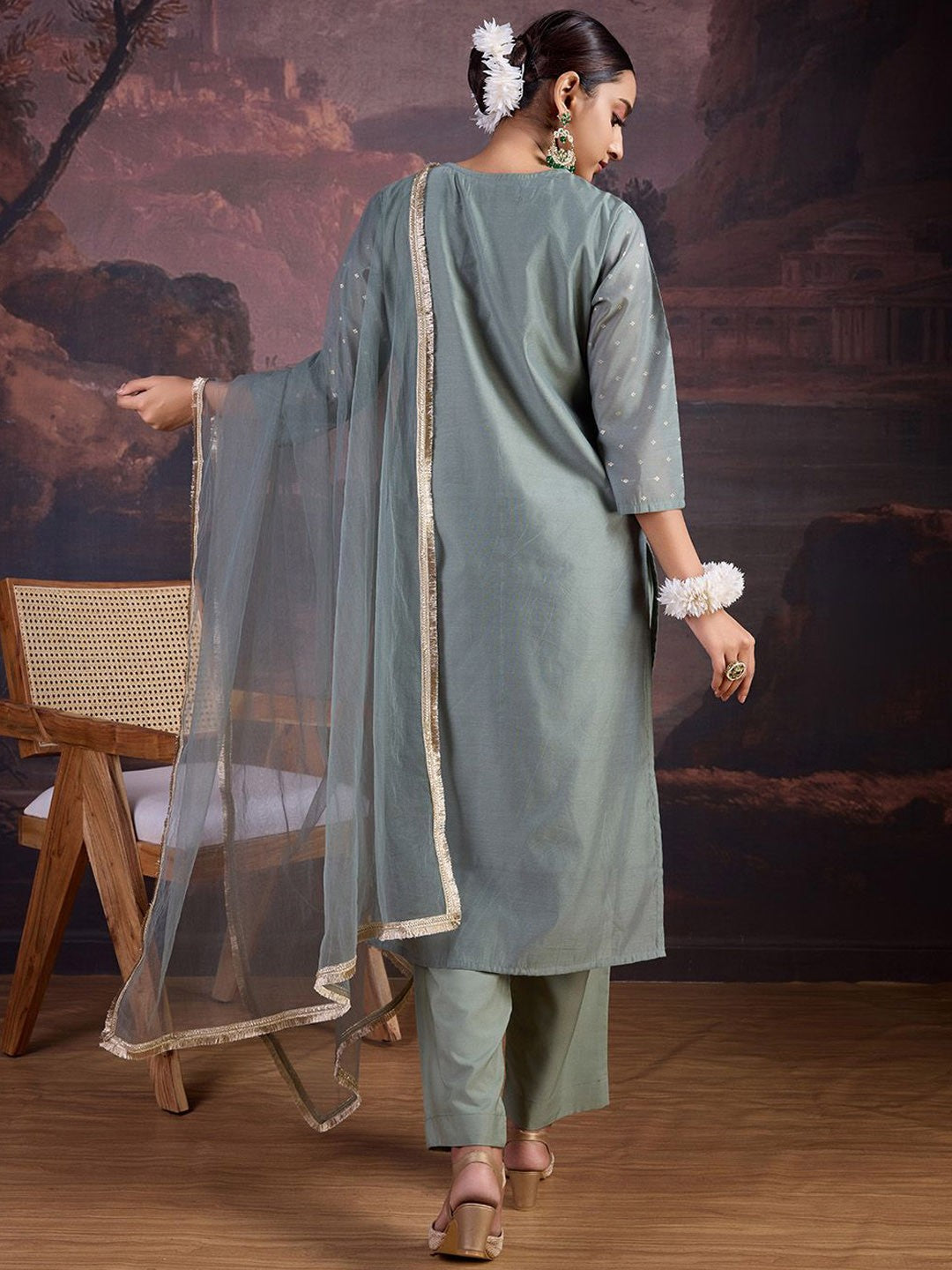 Floral Woven Design Straight Kurta With Trousers & Dupatta