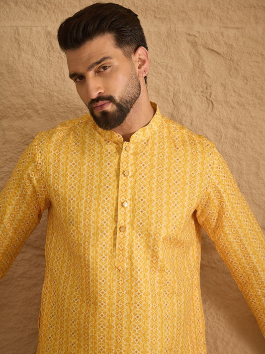 Geometric Printed Mandarin Collar Thread Work Straight Kurta With Trouser