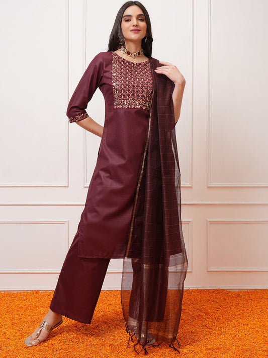 Burgundy Ethnic Motifs Yoke Design Thread Work Kurta with Palazzo & Dupatta