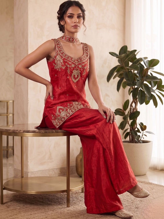 Women Ethnic Motifs Embroidered Regular Thread Work Raw Silk Kurta with Palazzos & With Dupatta