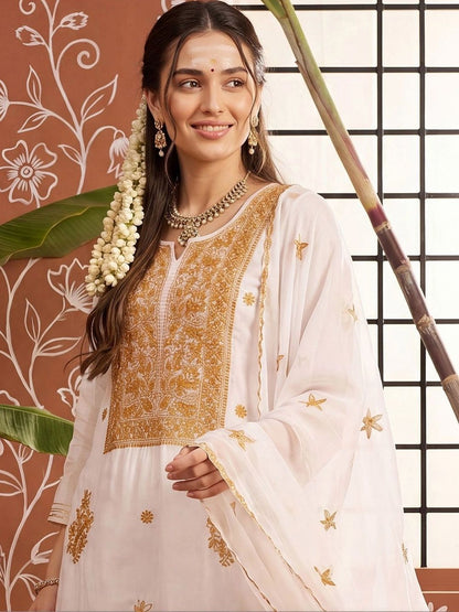 Women Ethnic Motifs Embroidered Regular Thread Work Kurta with Trousers & With Dupatta