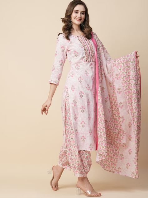 Floral Printed Thread Work Pure Cotton Kurta with Trousers