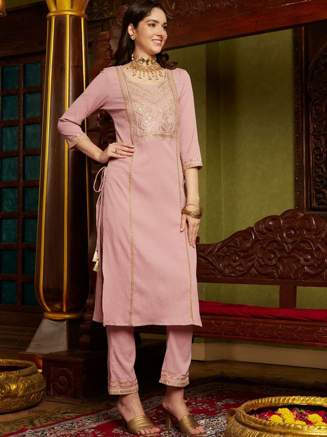 Mauve Ethnic Motifs Embroidered Sequinned Straight Kurta With Trouser & Dupatta