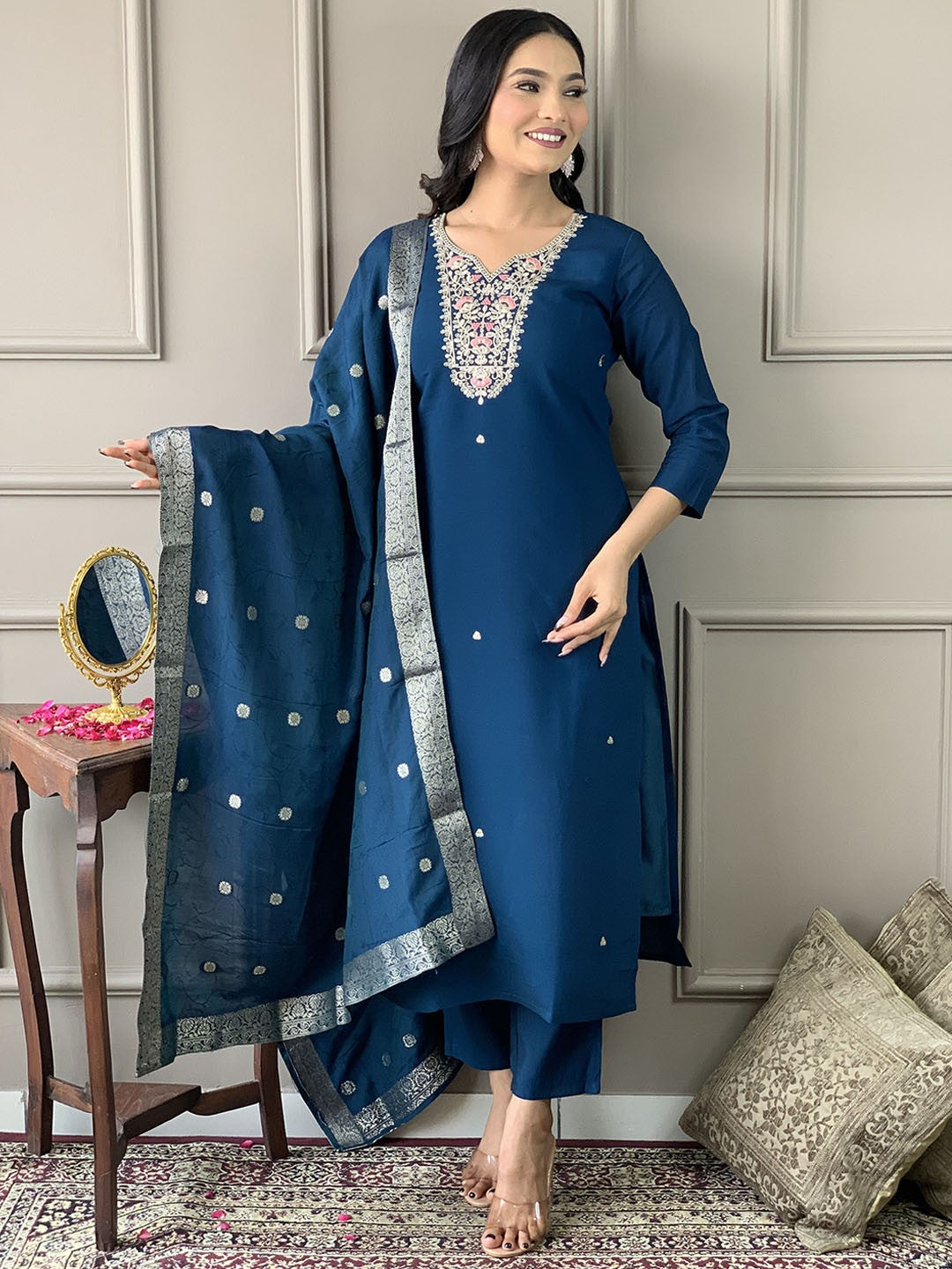 Embroidered Chanderi Cotton Kurta with Trousers & Dupatta