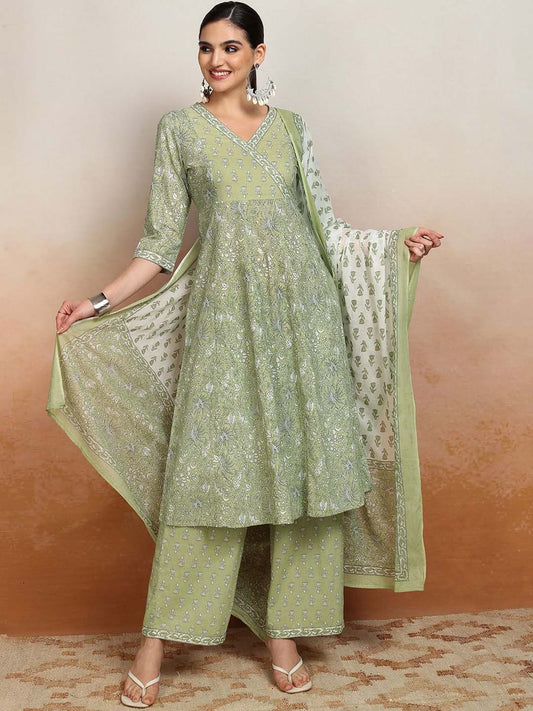 Women Floral Printed Angrakha Pure Cotton Kurta with Palazzos & With Dupatta