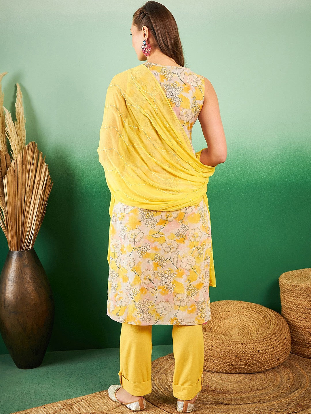 Floral Printed Pure Cotton V-Neck Kurta With Trousers & Dupatta