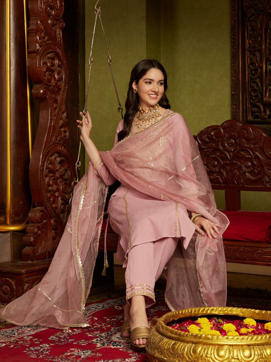 Mauve Ethnic Motifs Embroidered Sequinned Straight Kurta With Trouser & Dupatta