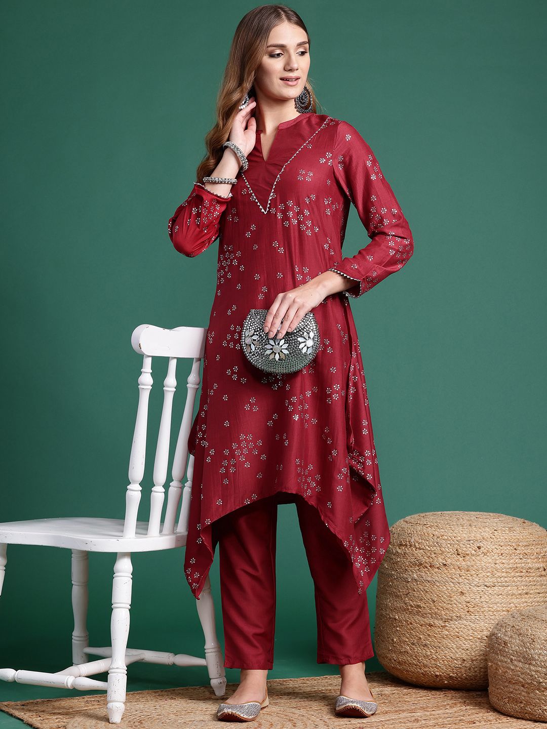 Foil Printed Ethnic Motifs Printed Gotta Patti Asymmetric Kurta with Trousers