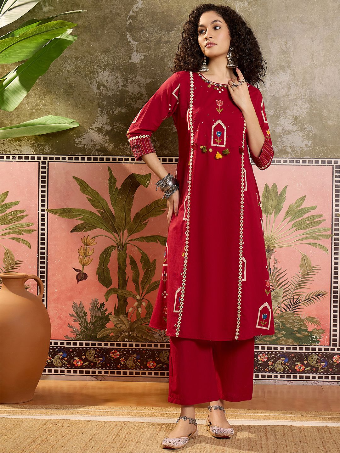 Printed Cotton Round Neck Kurta & Trousers With Dupatta