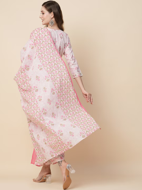 Floral Printed Thread Work Pure Cotton Kurta with Trousers