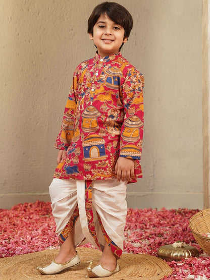 Boys Pink Ethnic Motifs Printed Pure Cotton Kurta With Dhoti Pants Set