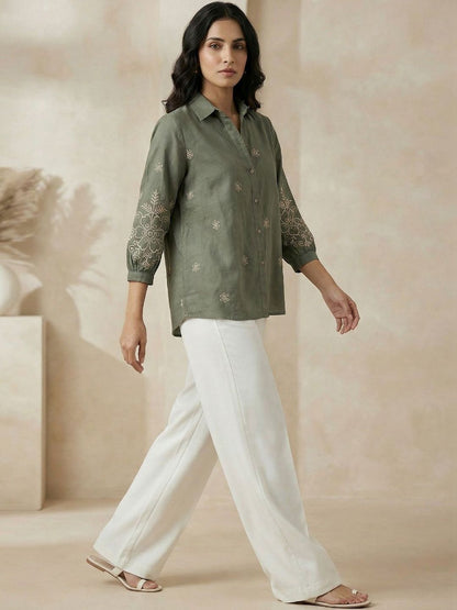 Women Shirt Collar Embroidered Tunic