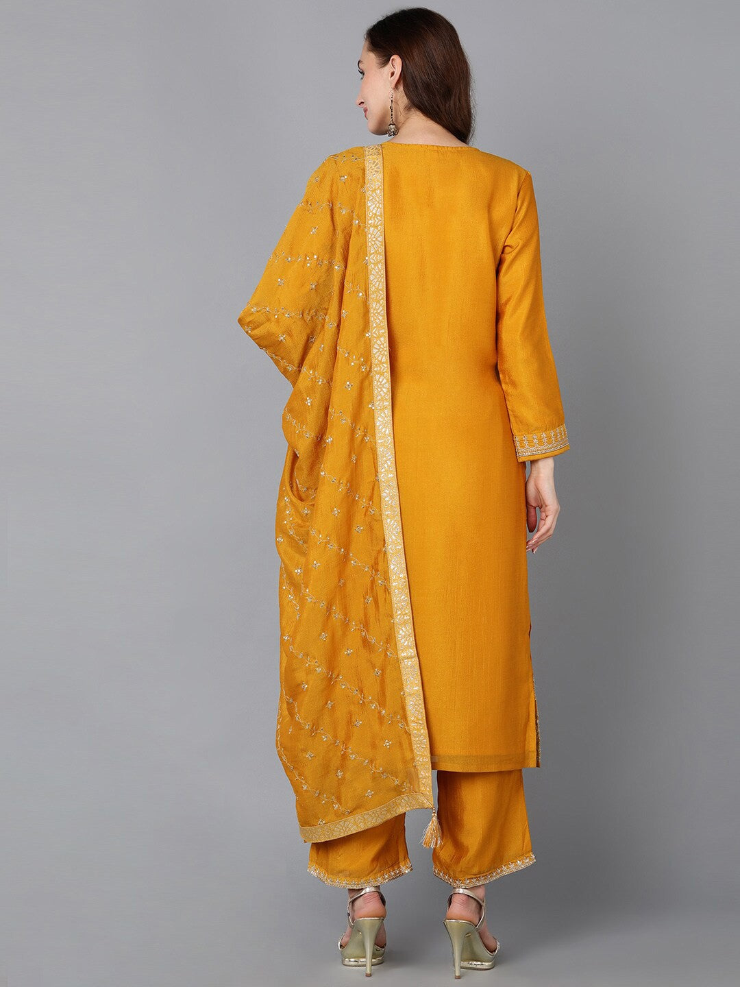 Ethnic Motifs Embroidered Sequinned Kurta With Palazzos & Dupatta