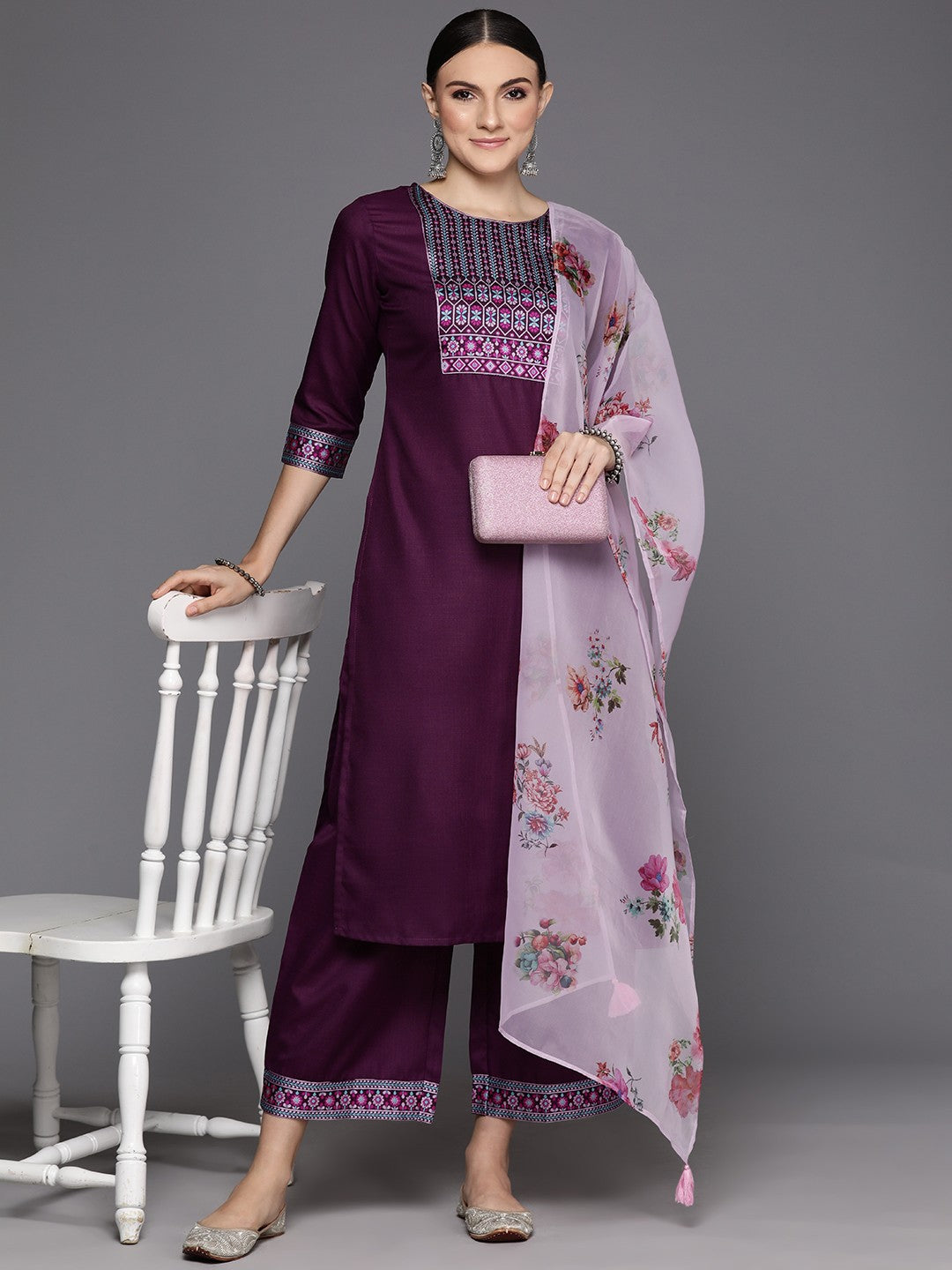 Women Purple Yoke Design Regular Kurta with Palazzos & With Dupatta