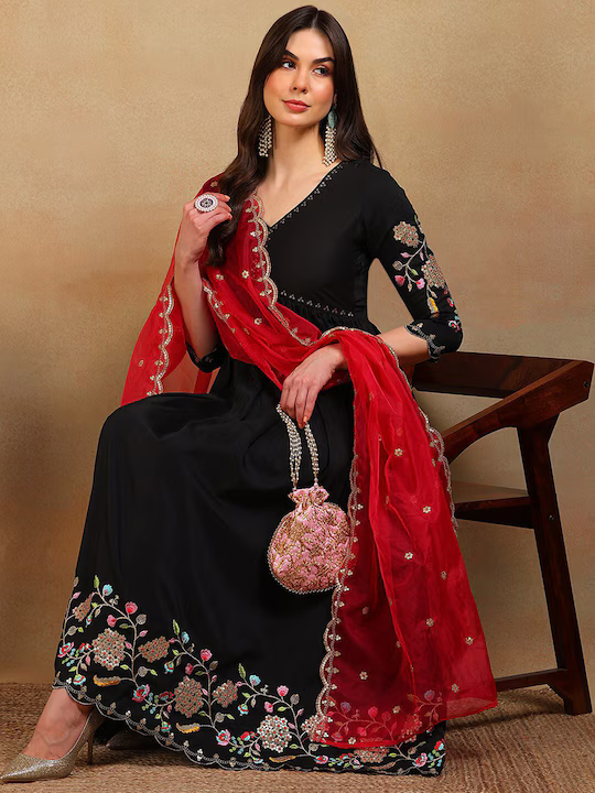 Floral Embroidered Empire Thread Work Kurta With Trousers & Dupatta