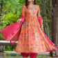 Floral Printed V Neck Angrakha Anarkali Kurta With Trousers & Dupatta