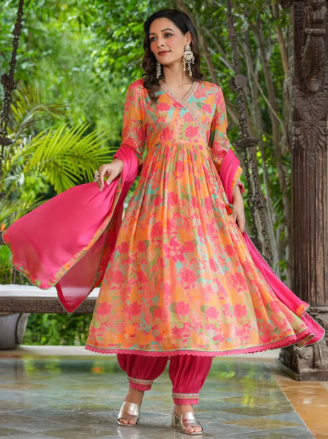 Floral Printed V Neck Angrakha Anarkali Kurta With Trousers & Dupatta