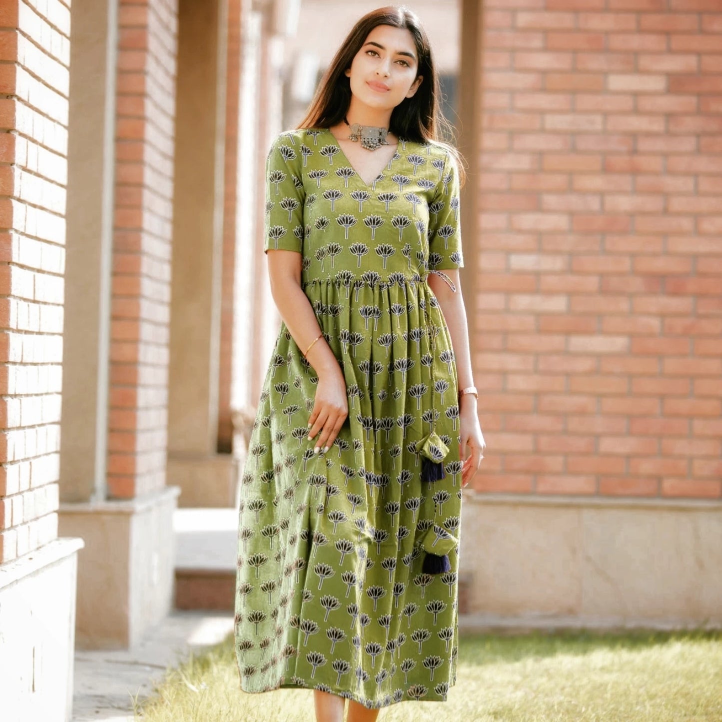 Women Printed Viscose Rayon Flared Kurta  (Green)