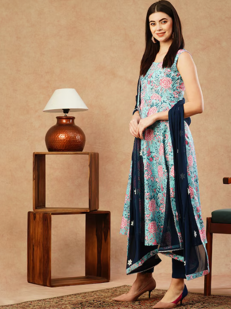 Floral Printed Regular Gotta Patti Anarkali Kurta With Trousers & Dupatta