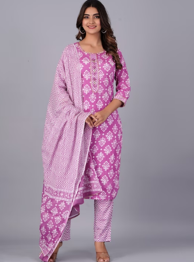 Floral Printed Round Neck Gotta Patti Straight Kurta With Trousers & Dupatta