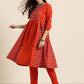 Women Rust Red & White Pure Cotton Printed Kurta with Palazzos