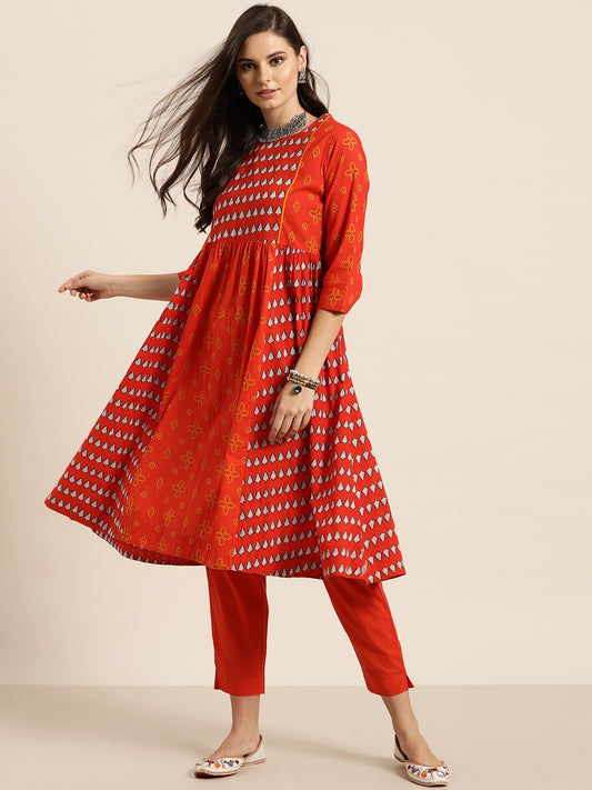 Women Rust Red & White Pure Cotton Printed Kurta with Palazzos