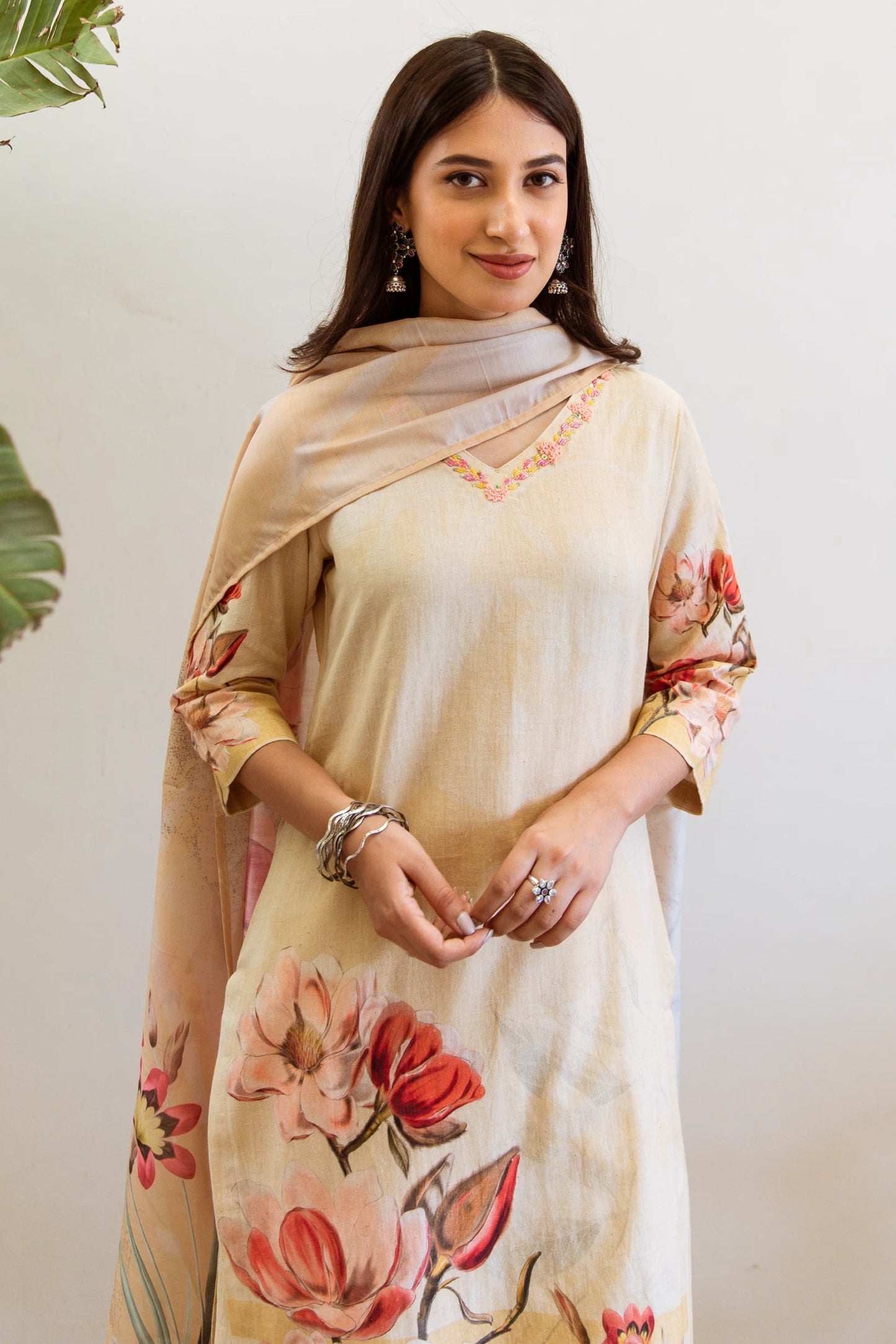 Women Linen Kurta Palazzo Dupatta Set