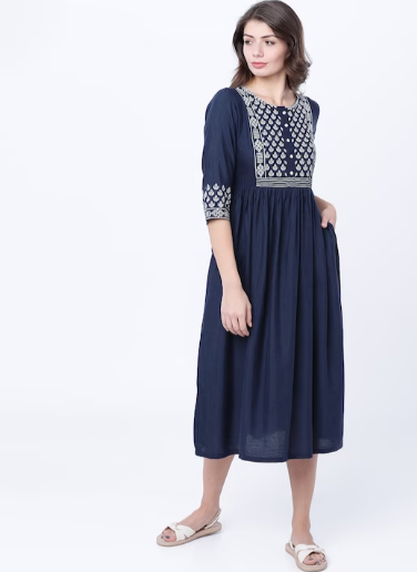 Women Navy Blue Printed Fit and Flare Dress