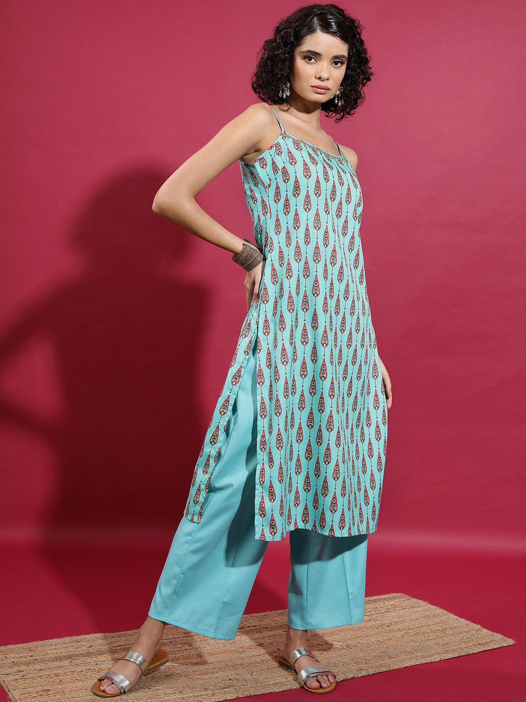 Ethnic Motifs Printed Shoulder Straps Straight Kurta & Palazzos With Dupatta