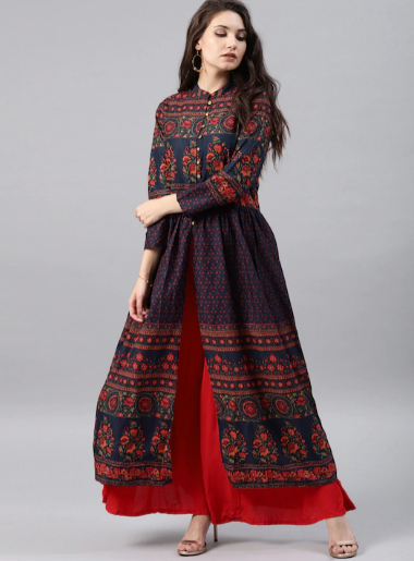 Navy Blue Floral Print Cotton Anarkali With Hight Slit