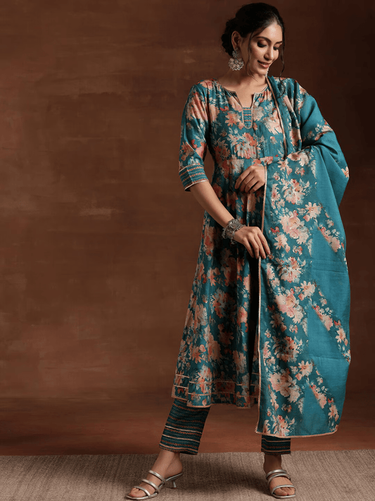 Floral Printed Empire Gotta Patti Kurta with Trousers & With Dupatta