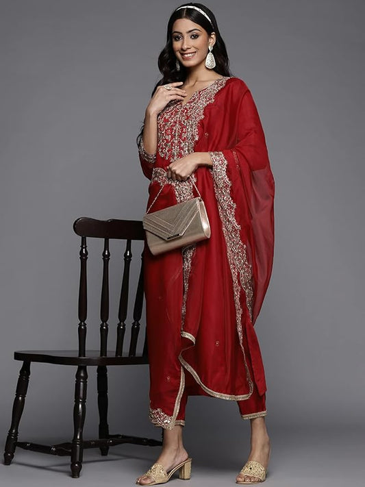 Women's Embroidered Straight Kurta With Pant & Dupatta Set