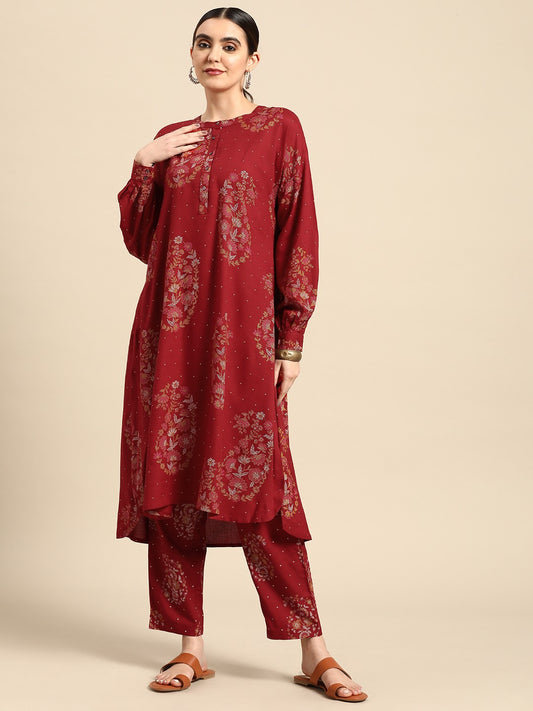 Women Paisley Printed Pleated High-Low Kurta with Trousers