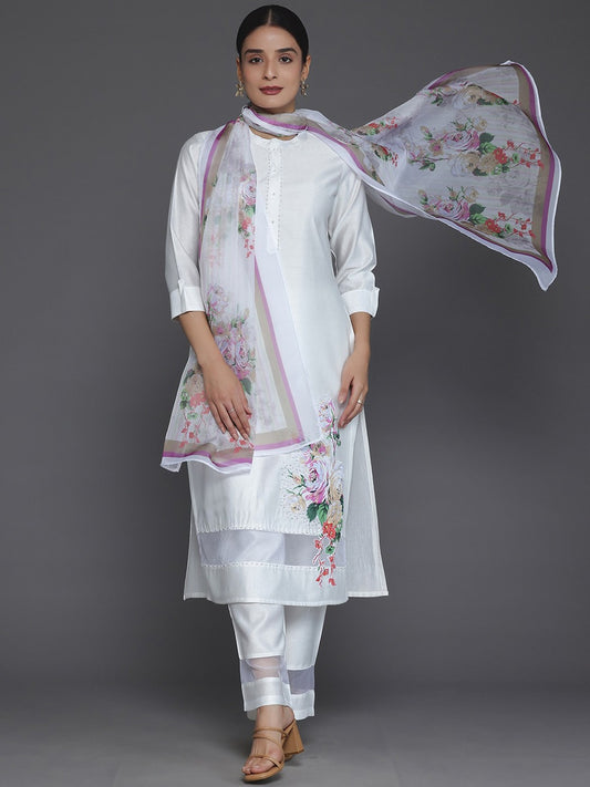 Floral Printed Regular Beads and Stones Kurta with Trousers & Dupatta