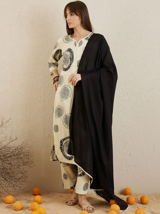 Abstract Printed Round Neck Pure Cotton Kurta with Trousers & With Dupatta