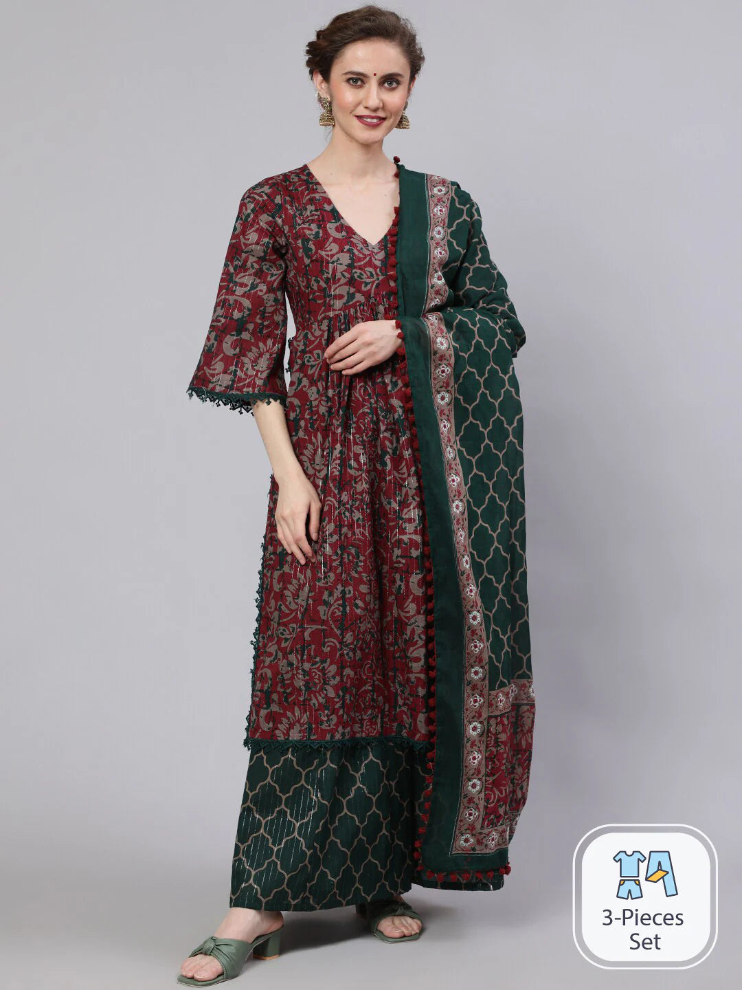 Floral Printed Empire Pure Cotton Kurta with Palazzos & Dupatta