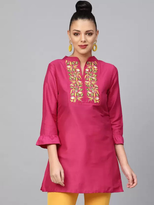 Casual Regular Sleeves Embroidered Women Pink Top