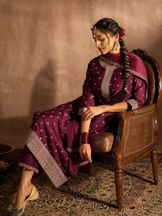 Ethnic Motifs Embroidered Sequinned Straight Kurta with Trousers & Dupatta