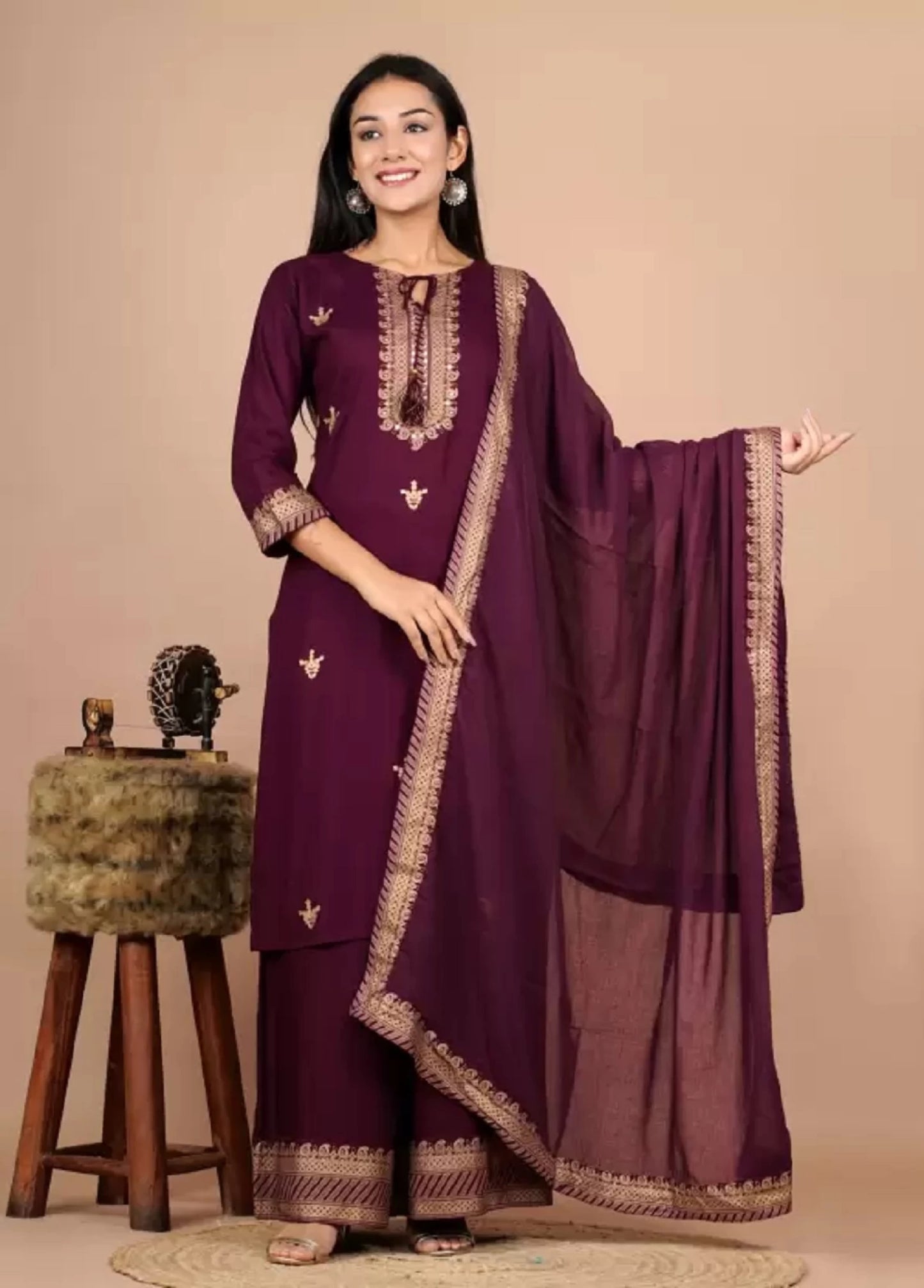 Women Viscose Rayon Kurta Palazzo Dupatta Set